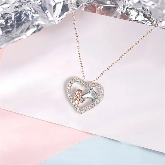 Fashion Girl and Horse Necklace for Women Exquisite Animal Heart Shaped Pendant Clavicle Chain DIY Jewelry Mother's Day Gift