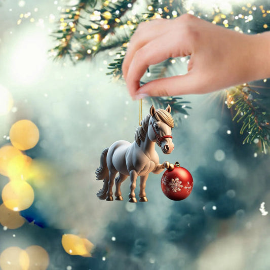 2D Christmas Decoration Cartoon Horse Stepping On Christmas Ball Acrylic Hanging Ornaments Christmas Tree Pendant Accessories