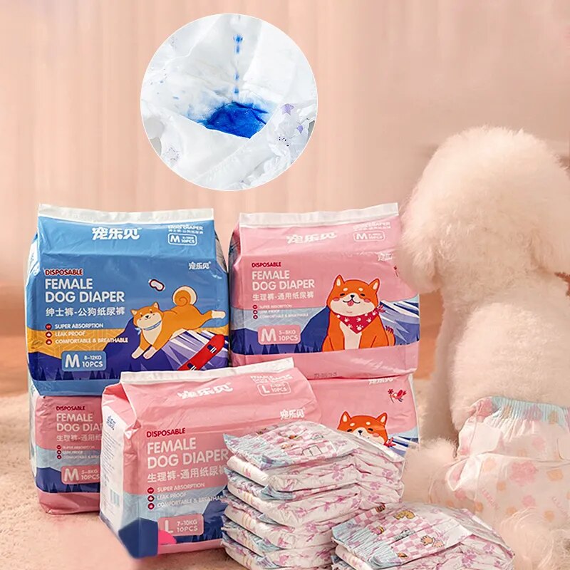 10PCS Super Absorbent Pet Diapers Dog Physiological Pants Leakproof Dog Diapers Disposable Nappies for Dogs Cats Male Female