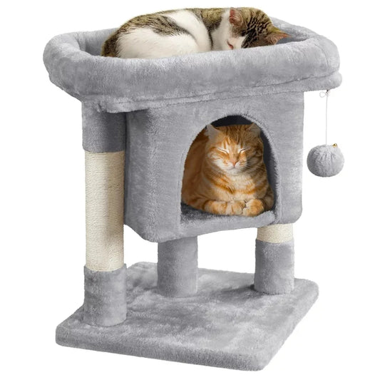 2-story cat tree, kitten apartment-with plush perch,plush wide perch,an elevated apartment and two scratching columns light gray