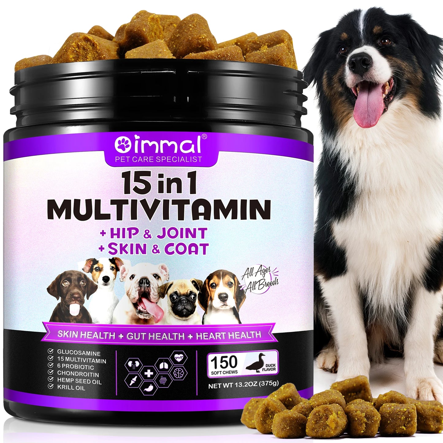 15 in 1 Dog Multivitamin Supplements dog food treats snacks, Immunity, Digestion, Joint and Heart Health Support  150 SOFT CHEWS